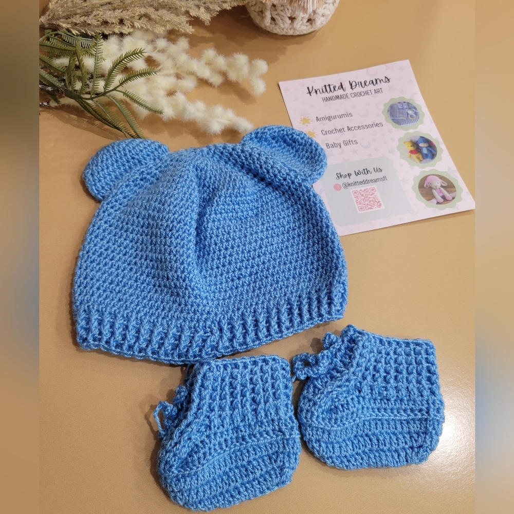 Blue Bear Ear Crochet Hat and Booties Set